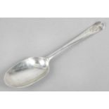 A George I Britannia silver spoon in Hanoverian pattern with long rat-tail to heel and monogram