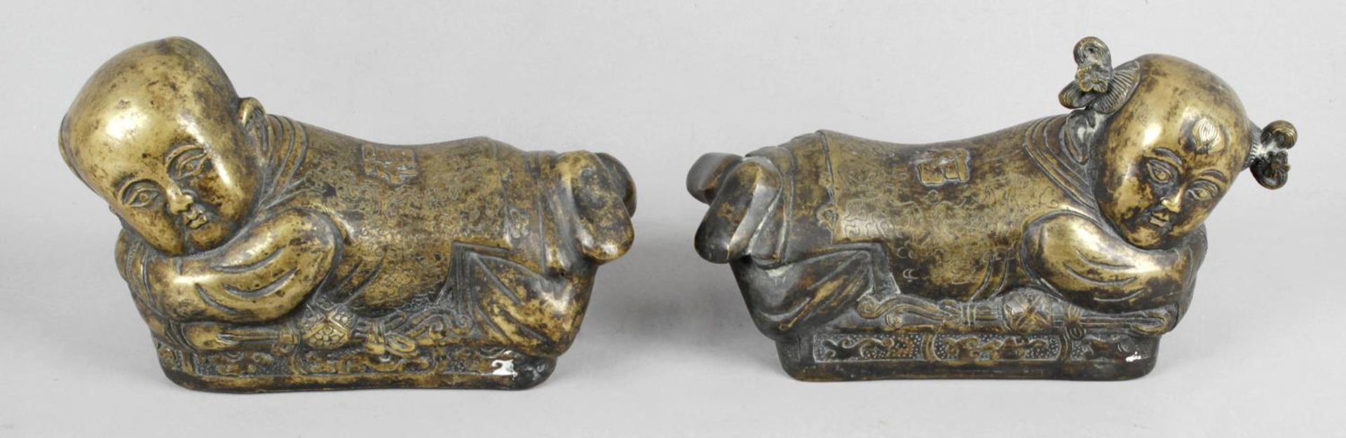 A pair on 19th Chinese bronze pillow figures,