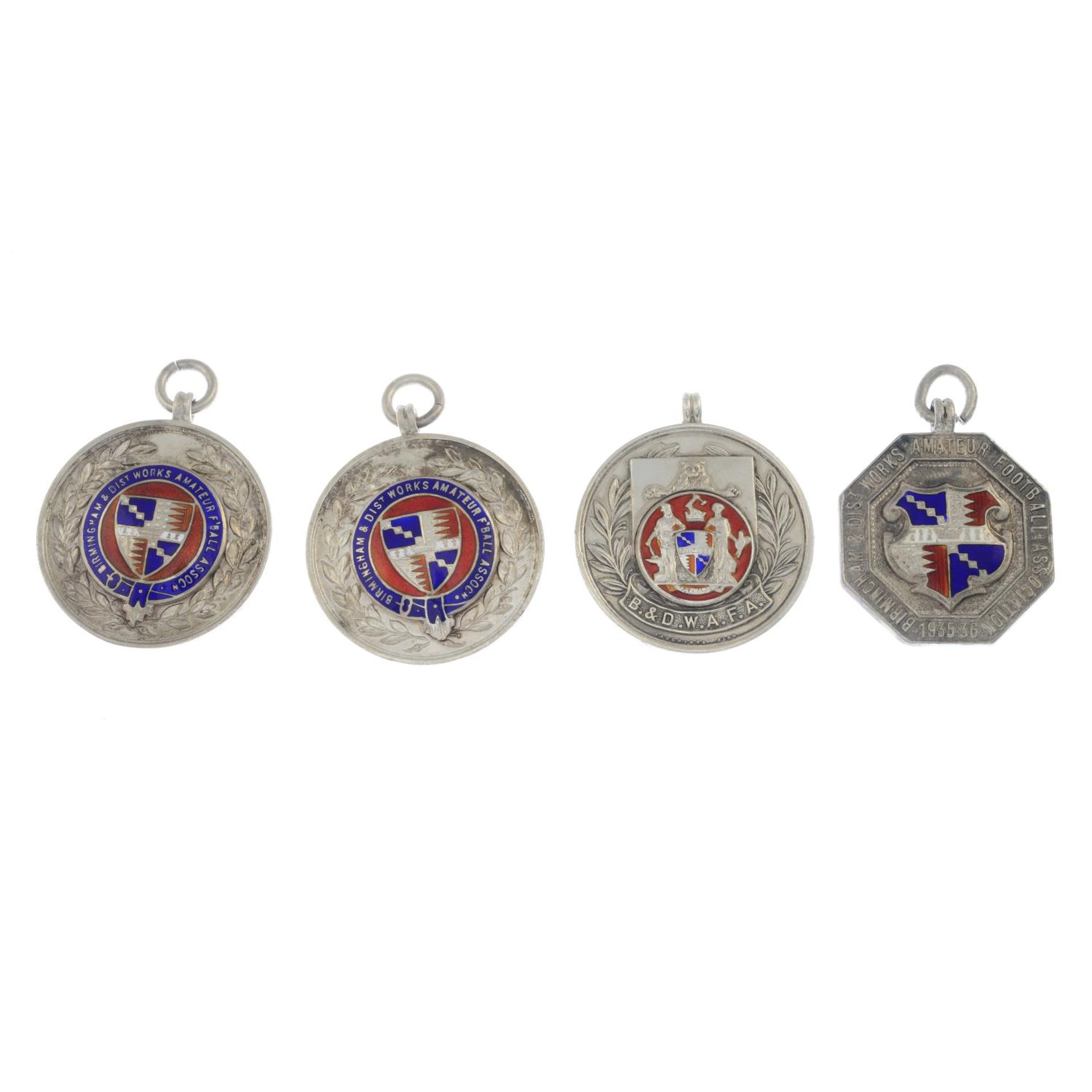 Four silver and enamel football medallions.Hallmarks for Birmingham,