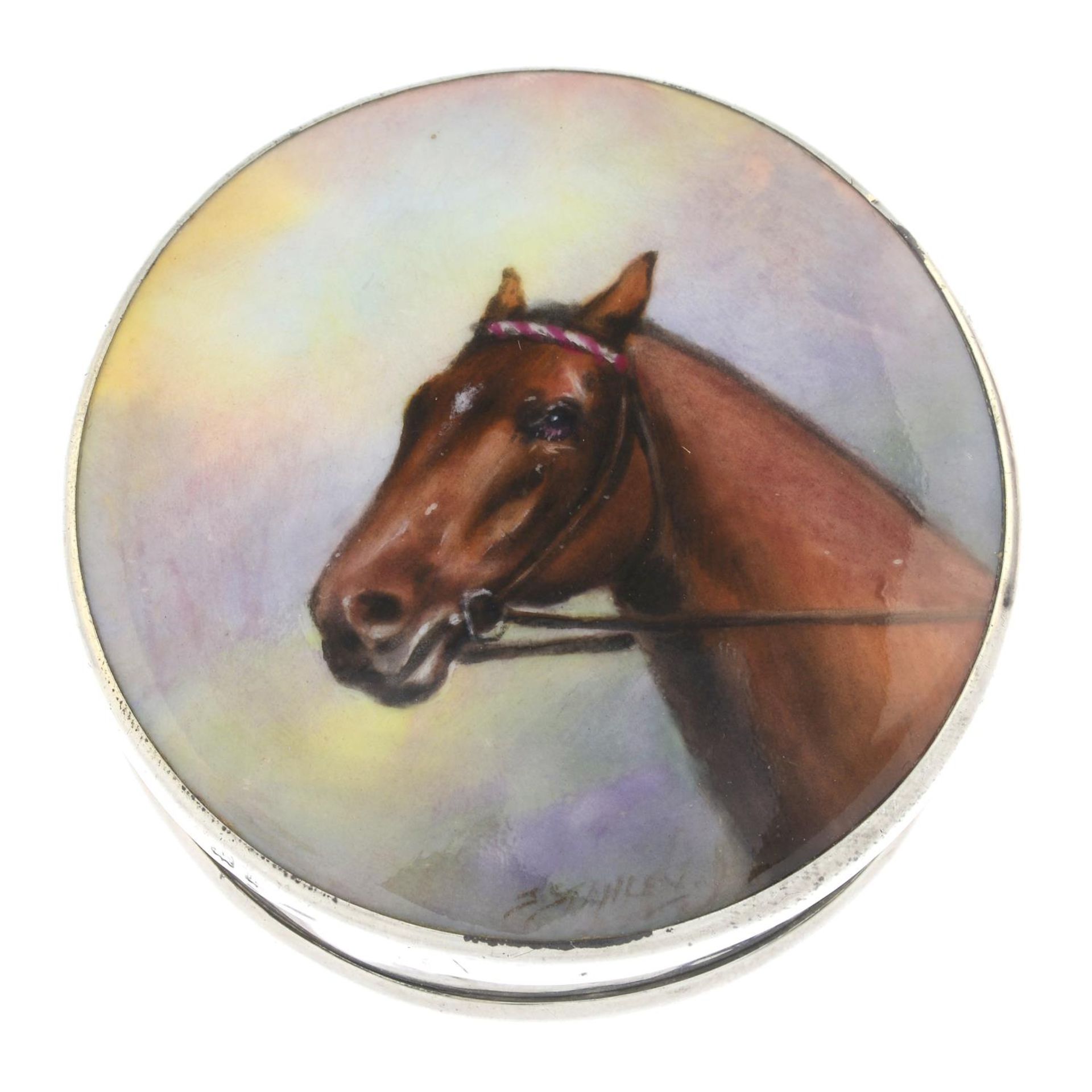 An early 20th century silver painted box, depicting a horse.Signed J.