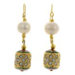 A pair of freshwater cultured pearl, split pearl and enamel earrings.Length 5.5cms.