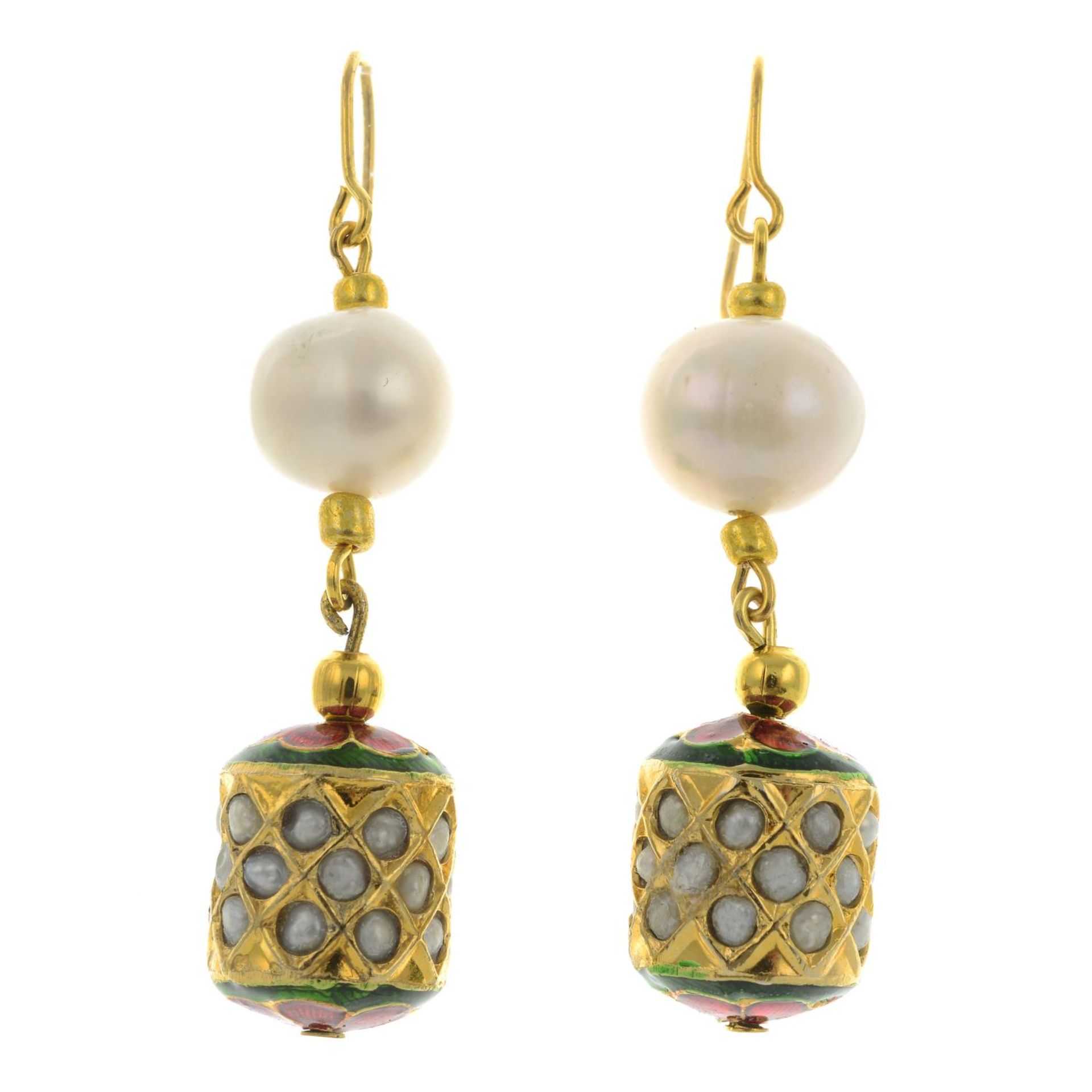 A pair of freshwater cultured pearl, split pearl and enamel earrings.Length 5.5cms.