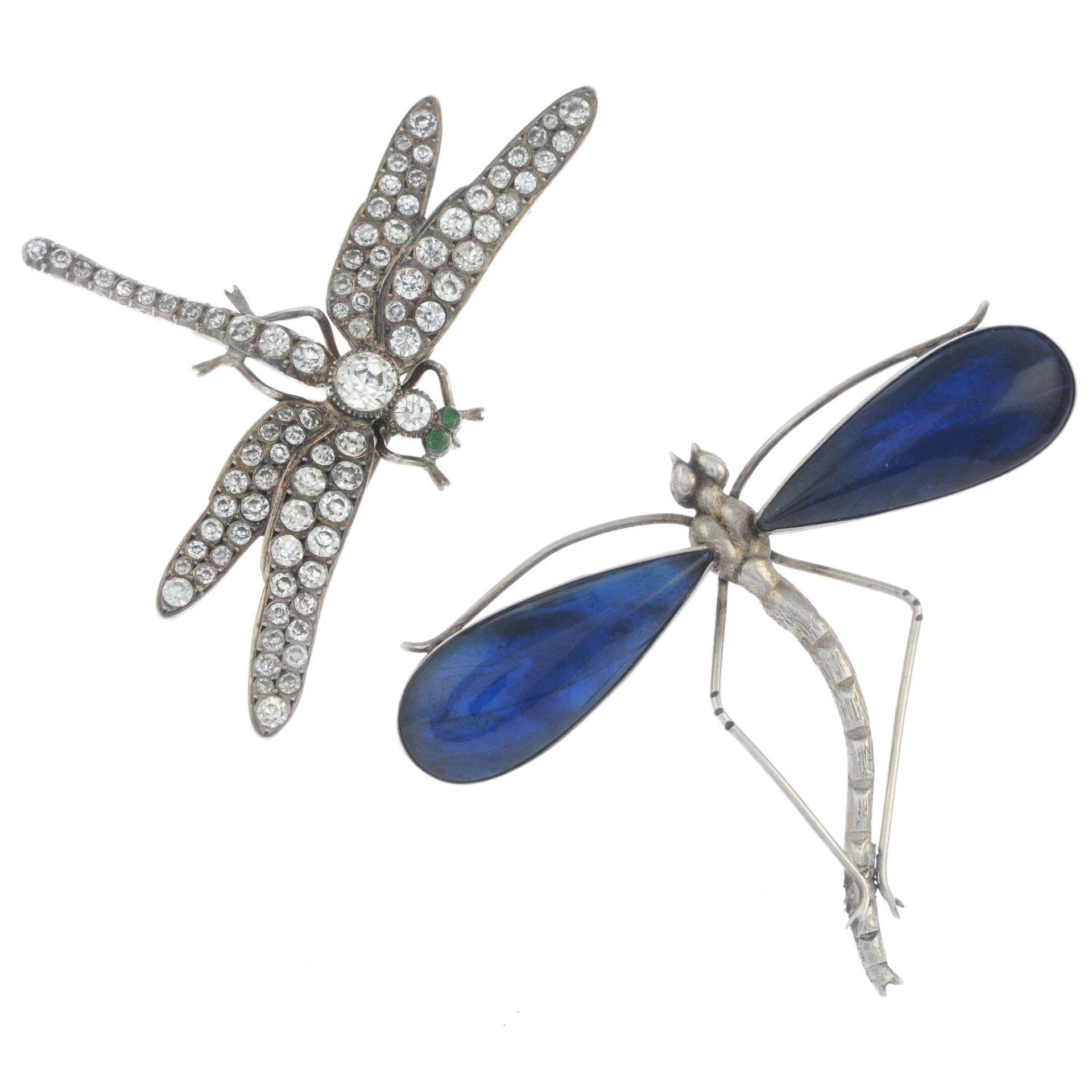 A mid 20th century butterfly wing dragon fly brooch together with a further dragonfly brooch.One