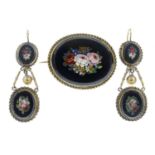 A late Victorian micro mosaic floral earring and brooch set.Length of brooch 4cms.