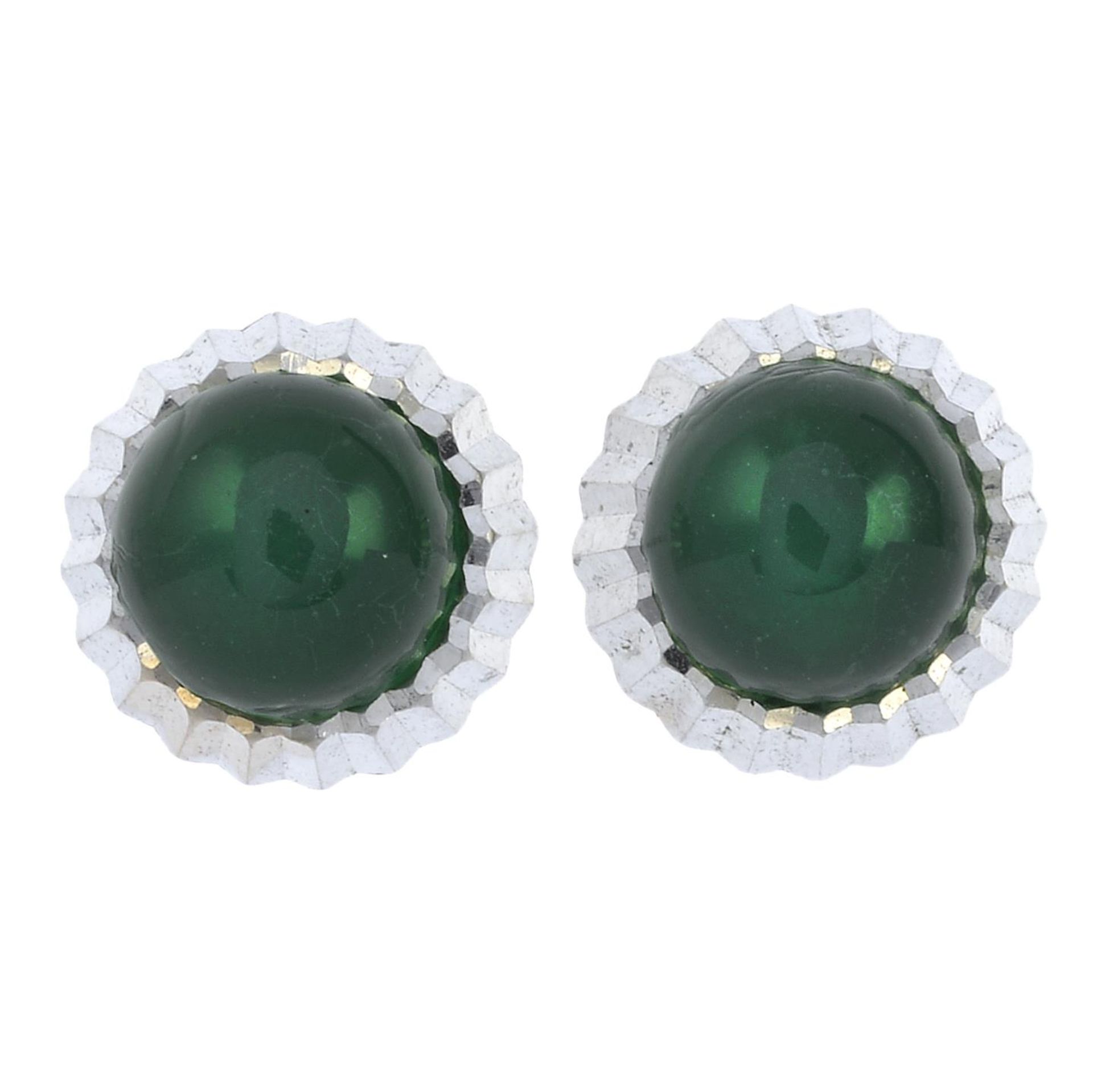 A pair of green paste cabochon single-stone earrings.Butterfly backs stamped 750.
