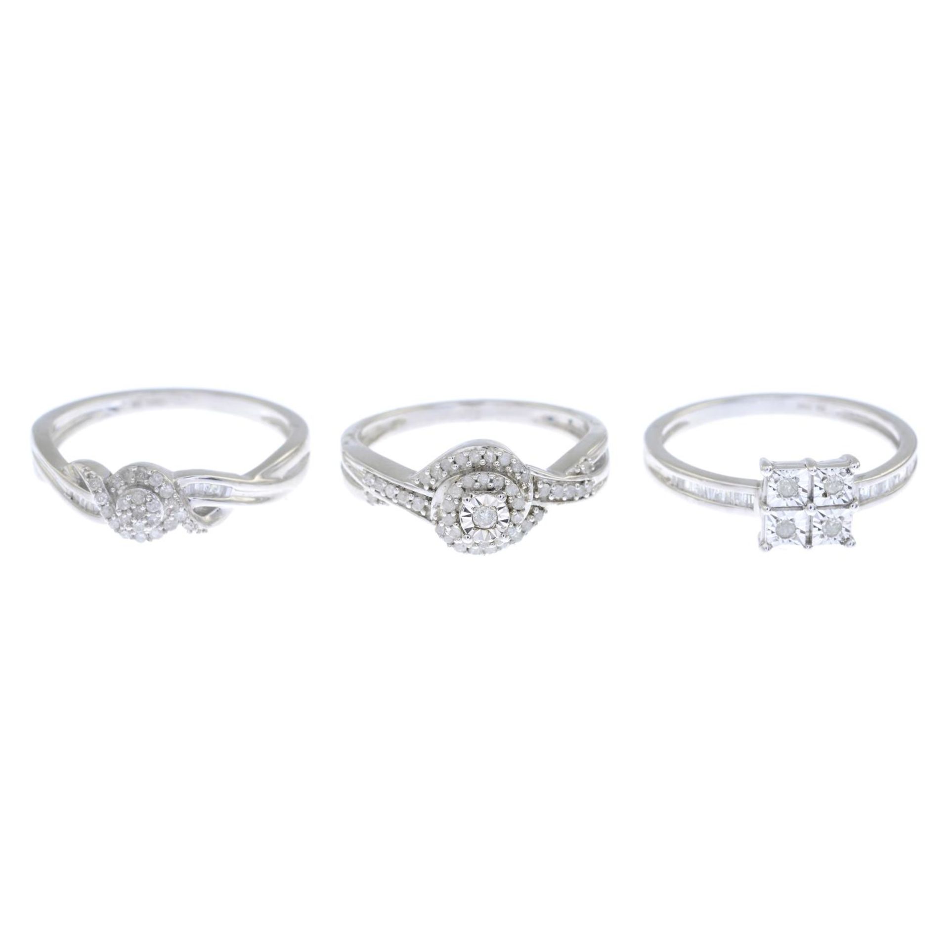 Six single-cut diamond dress rings.Estimated total diamond weight 0.60ct.Stamped 925.Ring N to