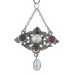 An Austro-Hungarian enamel, garnet and split pearl necklace.