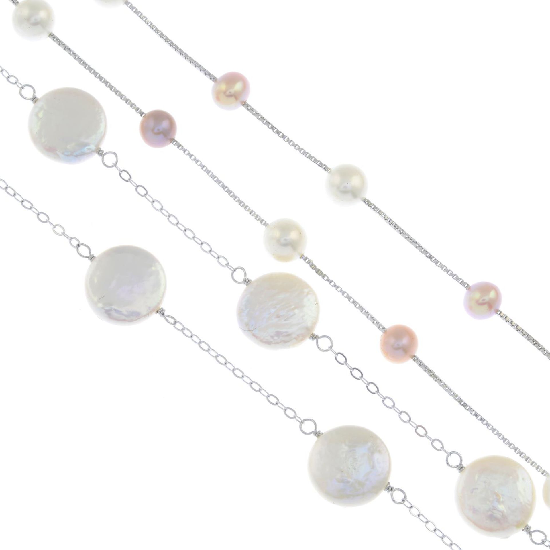 Eight pearl necklaces.Many with marks to indicate silver.Lengths 42 to 90cms.