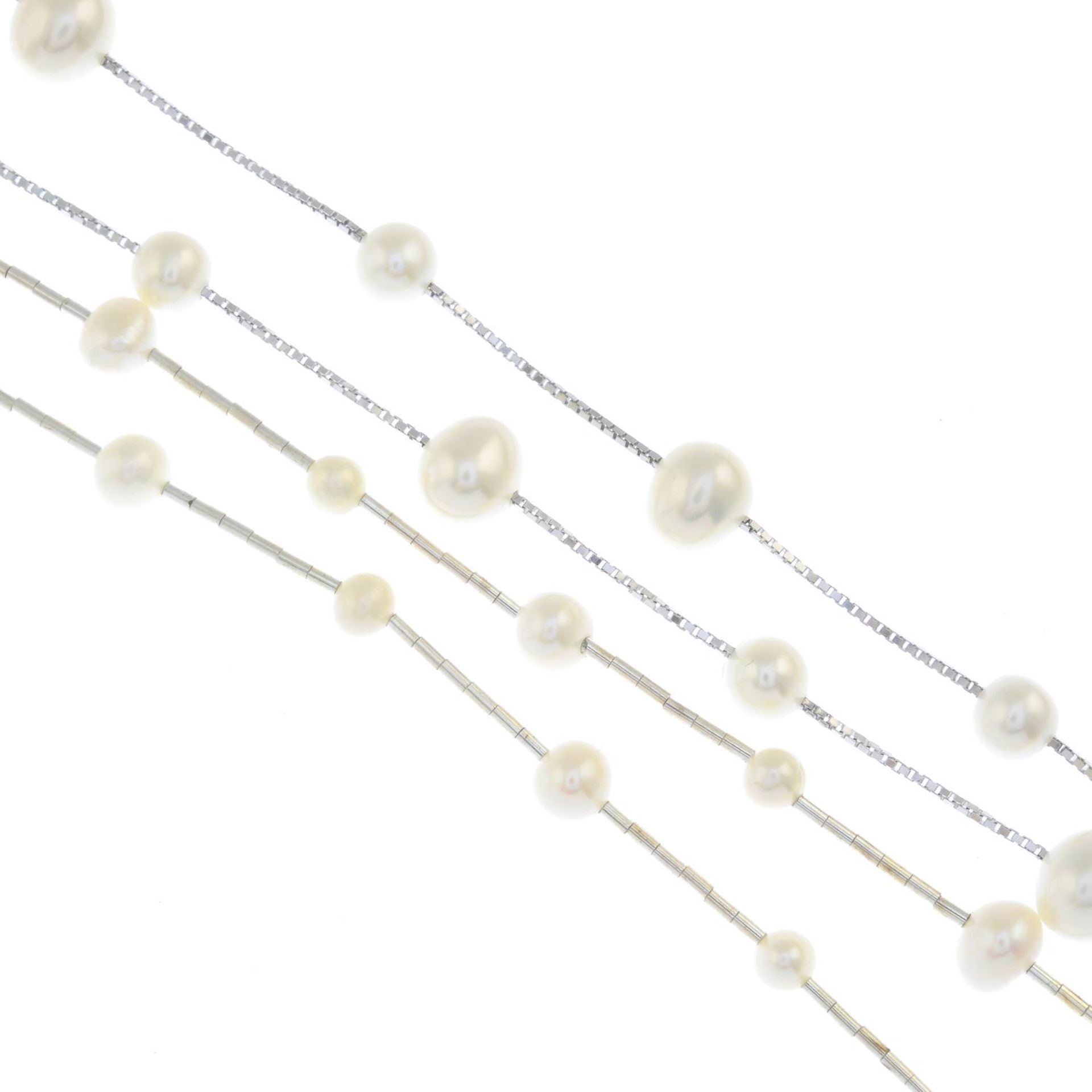Eight pearl necklaces.Many with marks to indicate silver.Lengths 41 to 90cms.