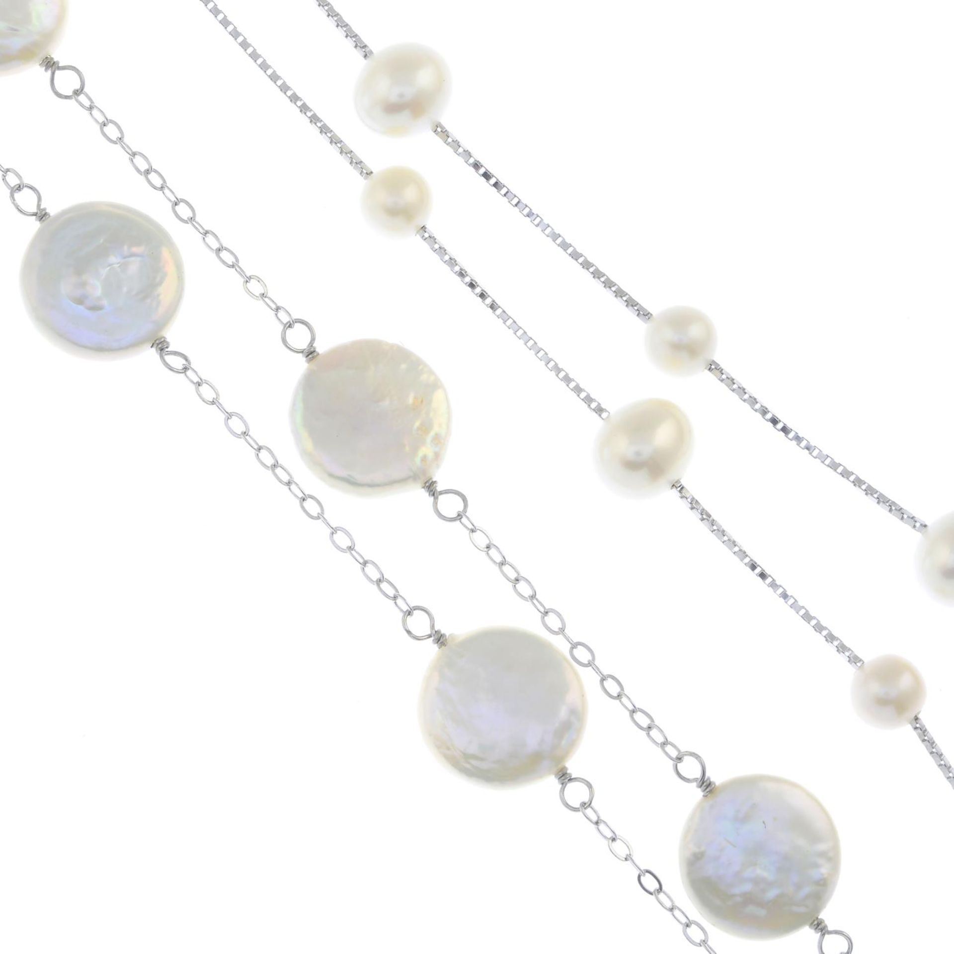 Eight pearl necklaces.Many with marks to indicate silver.Lengths 42 to 90cms.