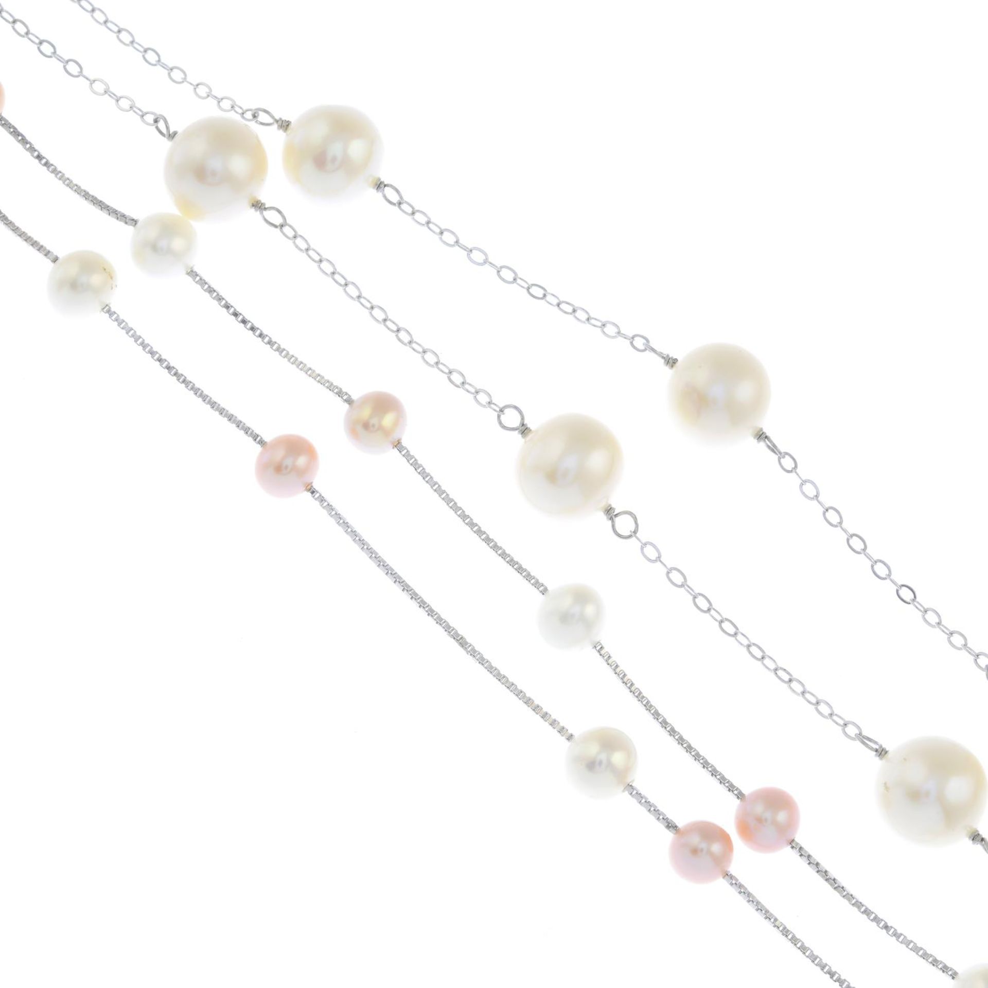 Eight pearl necklaces.Many with marks to indicate silver.Lengths measure 42 to 90cms.