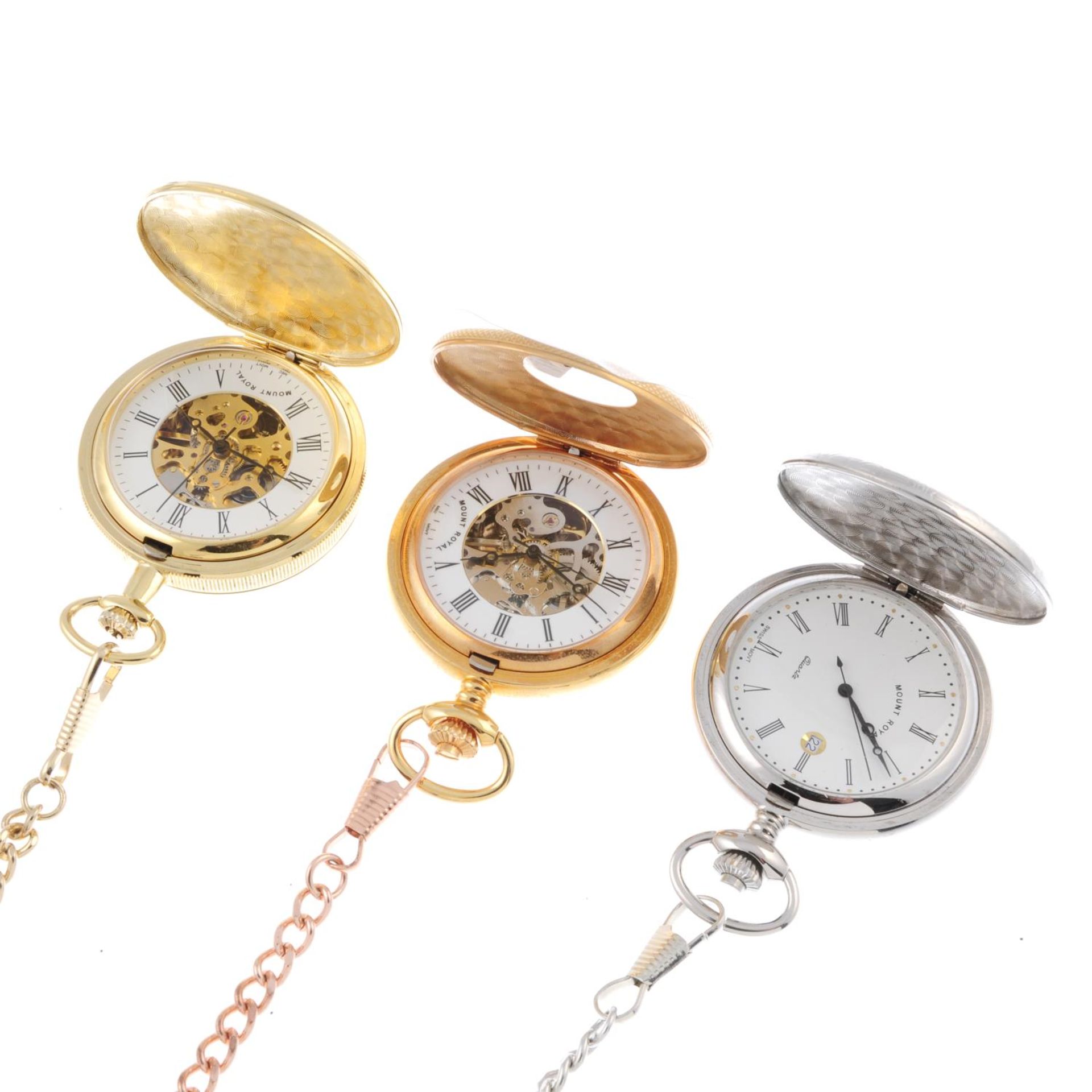 A group of five assorted full hunter pocket watches with plated watch chains, - Bild 2 aus 2