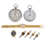 A group of four assorted watches, to include an example by Omega and two pocket watches.