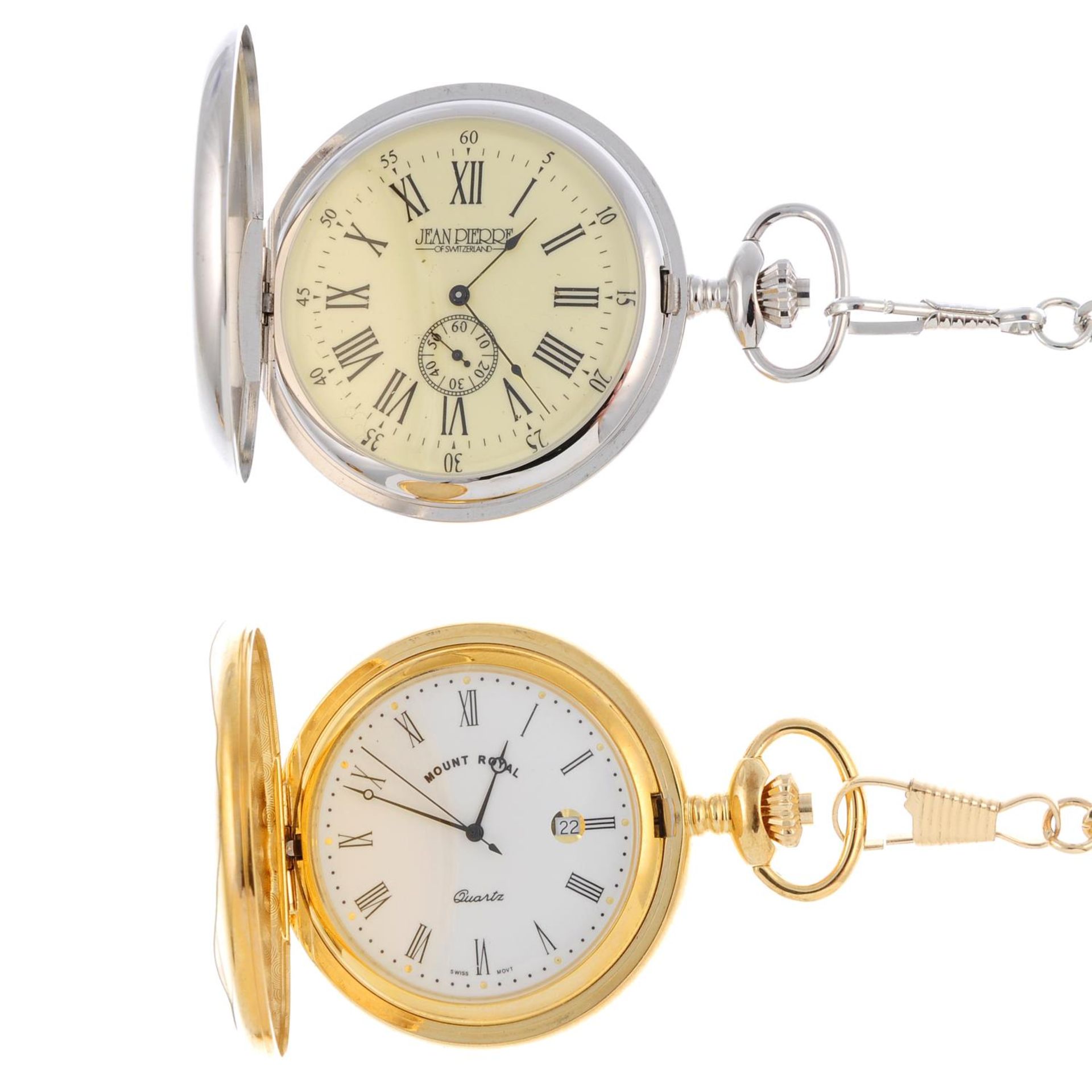 A group of five assorted full hunter pocket watches with plated watch chains,