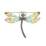 A pyrite plique-a-jour enamel brooch, depicting a dragonfly.May be worn as a pendant.