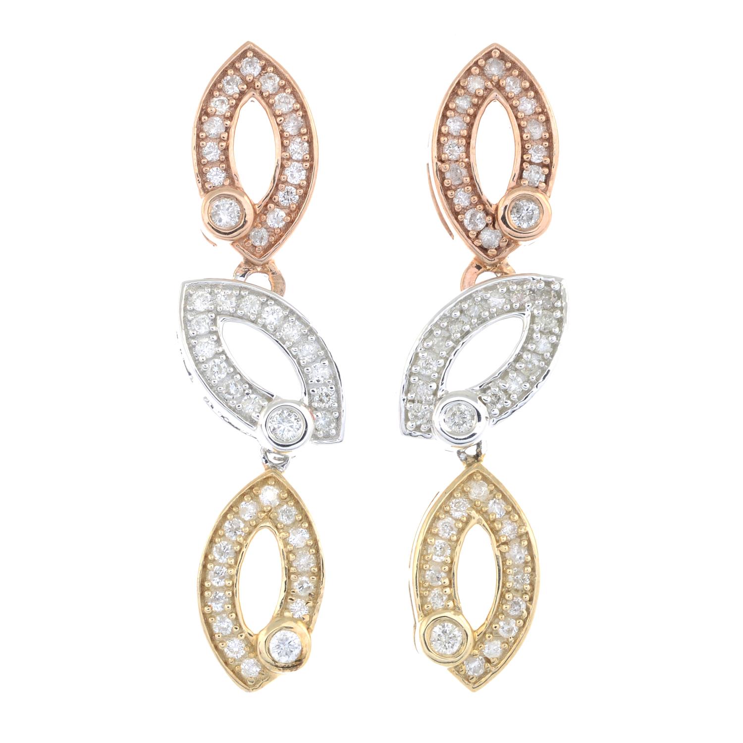 A pair of diamond tri-colour earrings.Estimated total diamond weight 0.50ct.