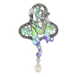 A pyrite, cultured pearl and plique-a-jour enamel brooch,