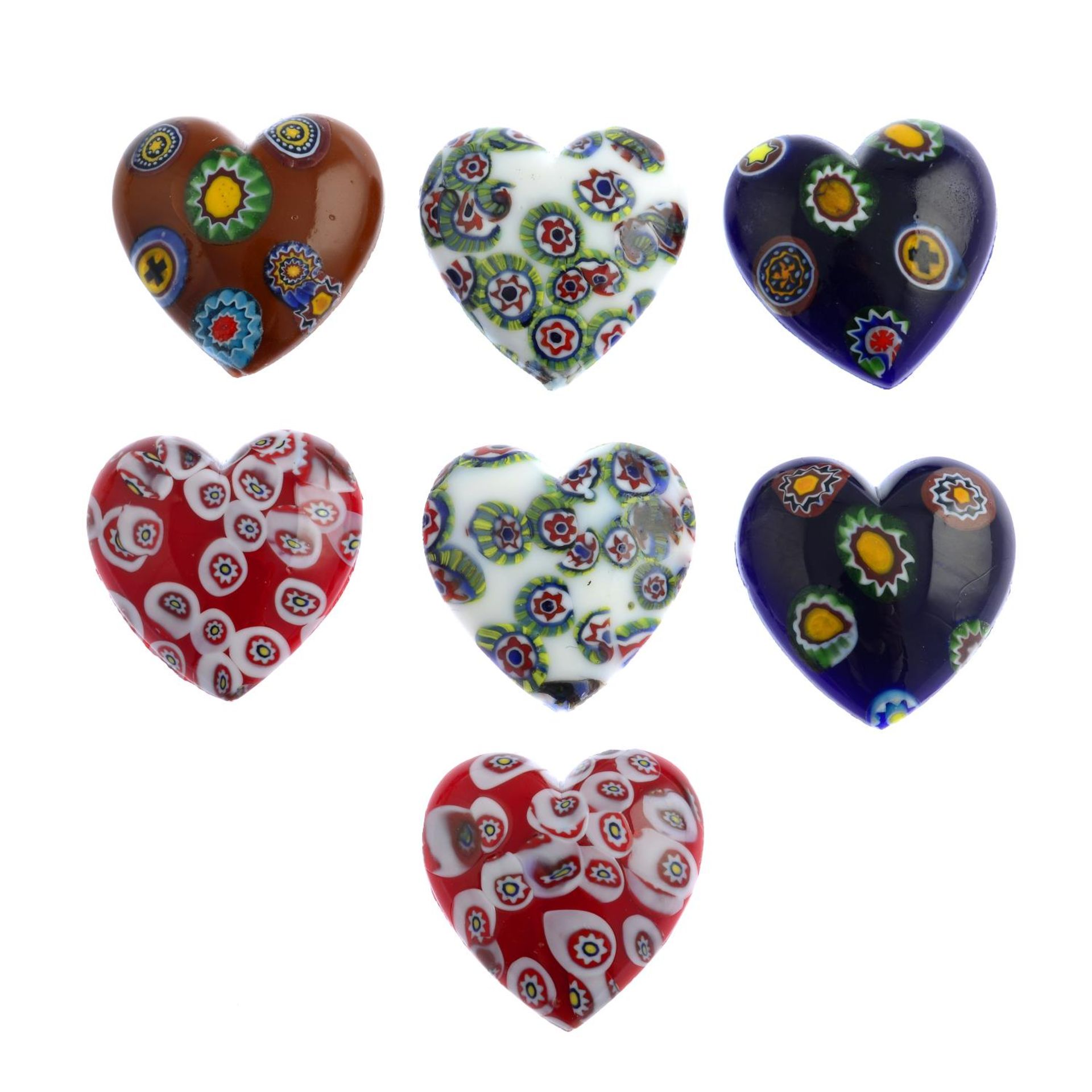 One-hundred-and-twenty vintage milliefiori glass hearts and cabochons.