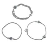 Three silver bracelets by Pandora.Signed Pandora.