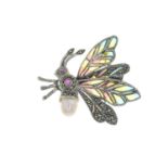 A plique-a-jour enamel butterfly brooch, with ruby, pyrite and cultured pearl detail.Stamped 925.