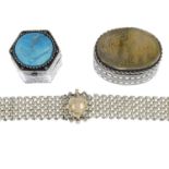 Two gem-set pill boxes and a fob chain.Pill boxes stamped 925.