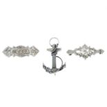 Mid Victorian Scottish silver banded agate anchor brooch, hallmarks for Birmingham, 1876.
