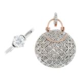 A moissanite ring and a diamond handbag pendant.