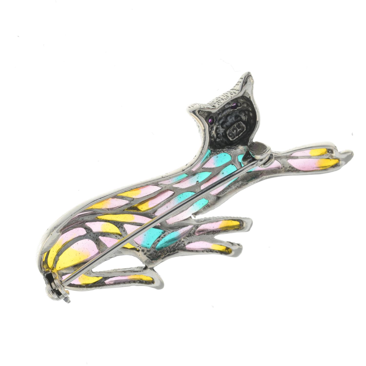 A plique-a-jour enamel cat brooch, with ruby eyes.Stamped 925. - Image 2 of 2