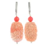 A pair of coral and cubic zirconia earrings.Stamped S925.Length 6.2cms.