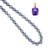 9ct gold amethyst pendant, hallmarks for 9ct gold, length 2cms, 1.9gms.