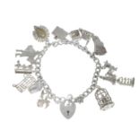 Five charm bracelets.Some clasps and charms with hallmarks for silver.