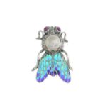 A plique-a-jour enamel fly brooch, with ruby and split pearl detail.May be worn as a pendant.