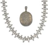 A late Victorian engraved locket and a collar necklace.Length of collar 37.5cms.