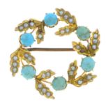 A 9ct gold turquoise and split pearl wreath brooch.