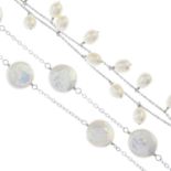 Eight pearl necklaces.Many with marks to indicate silver.Lengths 40 to 90cms.