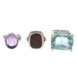 A Tassie intaglio ring, a cameo ring and a blue glass dress ring.Stamped 925.Ring size Q to S.