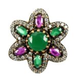 A green chalcedony, synthetic ruby and colourless gem floral cluster ring.