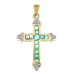 A 9ct gold emerald and diamond set cross pendant.Hallmarks for Birmingham.Length 3cms.