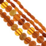 Three amber necklaces.Lengths 42, 60 and 88cms.