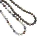 Two dyed fresh water cultured pearl single-strand necklaces.Clasps stamped 14K.