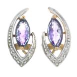 A pair amethyst and diamond earrings.Stamped 375.Length 1.4cms.