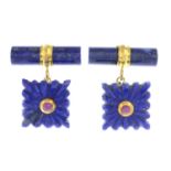 A pair of lapis lazuli and ruby cufflinks.Stamped 925.Length of cufflink faces 1.5 and 2.2cms.