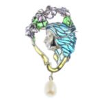 A plique-a-jour enamel fairy brooch, suspending a cultured pearl drop.