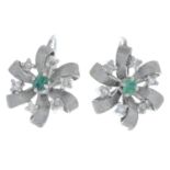 A pair or emerald and single-cut diamond earrings.Length 1.7cms.