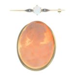 Opal and diamond bar brooch, stamped 9CT, length 4.9cms, 3.8gms.