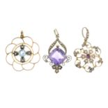 Edwardian 9ct gold amethyst and split pearl pendant,