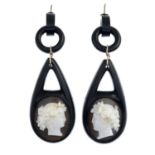 Late Victorian jet and shell cameo earrings,
