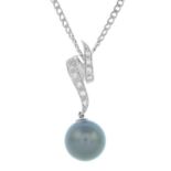 A 9ct gold cultured pearl and diamond pendant,