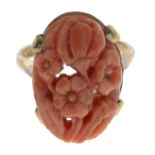 A 9ct gold carved coral floral ring.Hallmarks for Birmingham, 1990.Ring size J.