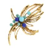 A 1960s 9ct gold amazonite and lapis lazuli bead textured brooch.Import marks for London, 1968.